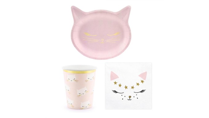 Coordinato tavola Compleanno Gatto gattini ROSA ORO piatti bicchieri tovaglioli