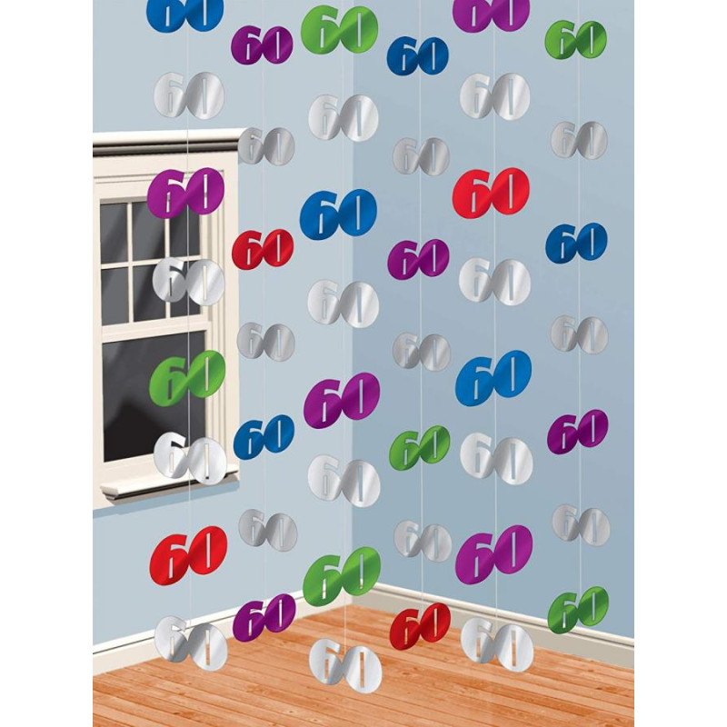 Festone pendenti con numeri 60 colorati - 6 fili da 2mt - compleanno 60 anni