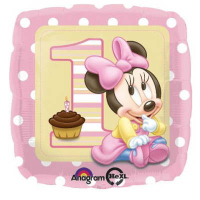 Pallone in foil MYLAR 1° Compleanno Topolina Minnie Baby - forma quadrato  43 CM